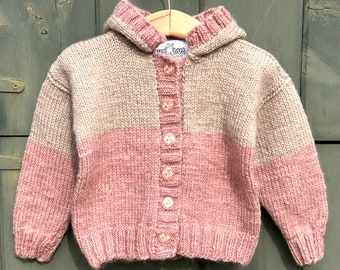 Hand knit wool baby sweater; taupe and pink baby sweater; heart buttons; 2-3 years, toddler 2-3