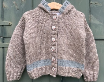 Hand knit alpaca and cotton blend baby sweater, alpaca toddler cardigan, Letter C and fox buttons, 2-3 years