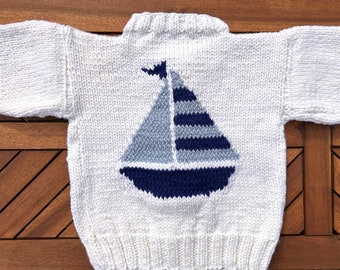 Hand knit Merino wool cardigan; baby sailboat sweater, nautical toddler sweater, 2-3 years, 2T-3T