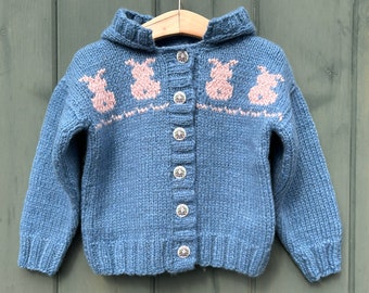 Hand knit blue cashmere blend childrens sweater, knit bunny toddler sweater, bunny buttons, 2-3 years