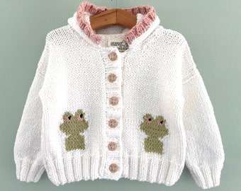 Hand knit white cotton blend childrens sweater, knit unisex cardigan, frog buttons, 3-5 years