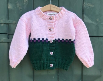 Hand knit wool childrens cardigan, girls sweater, pink and green sweater, zebra buttons, 3-5 years