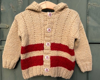 Hand knit baby alpaca brown and red striped boys sweater, bulldog buttons, 12-18 months