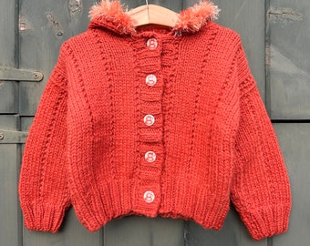 Hand knit alpaca childrens sweater, baby sweater, orange cardigan, bear buttons, 2-3 years