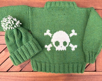 Hand knit green baby sweater, wool children sweater with skull detail, 12-18 months