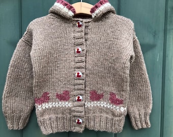 Hand knit Merino brown children's sweater, duck sweater, 2-3 years