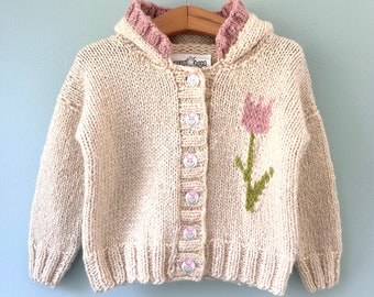 Hand knit alpaca blend baby sweater; knit cream colored baby sweater; cardigan with tulip detail; tulip buttons; 2-3 years, toddler 2-3