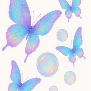 May include: An illustration of several butterflies and bubbles in shades of blue, purple, and yellow. The butterflies have detailed wing patterns and are scattered around the image. The bubbles are translucent and add a whimsical touch.