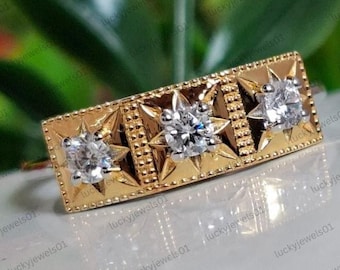 Vintage Art Deco Two Tone Ring, Three Stone Rectangular Statement Silver Moissanite Engagement Ring