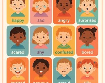 Könnte beinhalten: Ein farbenfrohes Lehrplakat mit dem Titel "Feelings & Emotions" zeigt Cartoon-Illustrationen von Kindern, die verschiedene Emotionen ausdrücken. Jede Emotion, wie "glücklich", "traurig" und "wütend", ist mit Text beschriftet. Das Plakat dient Bildungszwecken.