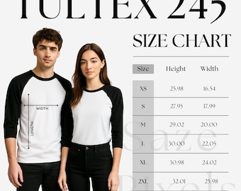 Maattabel Tultex 245, maattabel 245, uniseks raglanshirt met 3/4 mouw Maattabel, maattabel 245, maattabel Tultex raglanshirt jeugd maattabel