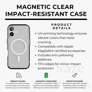 Peut inclure: Coque de téléphone transparente et résistante aux chocs avec un anneau magnétique. La coque est dotée de la technologie d'impression UV pour des couleurs vives et est compatible avec les accessoires MagSafe. Comprend des additifs anti-jaunissement et des bords en TPU pour la protection contre les chocs. Le texte sur l'image dit "MAGNETIC CLEAR IMPACT-RESISTANT CASE".