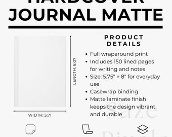Plantilla de detalle de producto para diario de tapa dura mate, imagen de listado de diario, plantilla de hoja de especificaciones de cuaderno, maqueta de libro de tapa dura alternativa