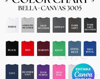 Editable Bella Canvas 3005 Color Chart, BC 3005 Color Chart, Bella Canvas Size Chart, 3005 Color Chart Editable, Color Chart Mockup