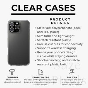 Peut inclure: Coque de téléphone transparente au design fin. Fabriquée en polycarbonate et TPU, elle offre une résistance aux rayures et une absorption des chocs. Le texte "CLEAR CASES" et les détails du produit sont inclus.