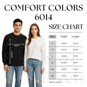 Comfort Colors 6014 Size Chart – Unisex Garment-Dyed Long Sleeve T-Shirt – JPEG Digital Download – Printable Comfort Colors Sizing Guide