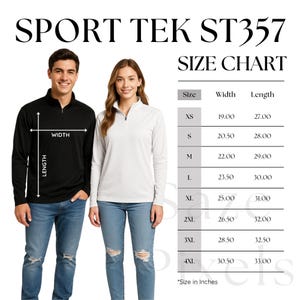 May include: Black and white Sport Tek ST357 quarter-zip pullovers. A size chart shows width and length measurements in inches for sizes XS to 4XL. A man and woman model the pullovers.