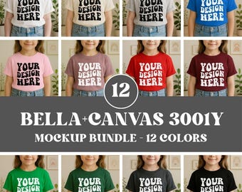 Bella Canvas 3001Y Mockup Bundle, 3001Y Mockup Bundle, Mockup di maglietta per bambini, BC 3001Y Mockup di maglietta, Bella Canva Youth Mockup Bundle