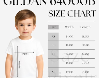 Gildan 64000B Size Chart, Gildan 64000B Youth Size Chart, Unisex Gildan G64000B Size Chart, Youth T-Shirt Mockup, Baby Gildan 64000B Mock-up