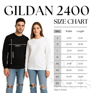 May include: A black and a white long-sleeved shirt are shown with a size chart for Gildan 2400 shirts. The chart displays sizes S to 5XL, with width and length measurements in inches. The chart is labelled 'Size Chart'.