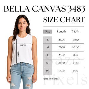 May include: A woman wearing a white tank top and blue jeans. The image includes a size chart for Bella Canvas 3483 tank tops, with measurements in inches for sizes S through 2XL. The chart shows length and width dimensions.