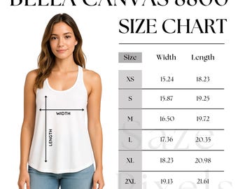 Maattabel Bella Canvas 8800 – vloeiende racerback-tanktop dames – afdrukbare Bella Canvas-maattabel – maattabel tanktop