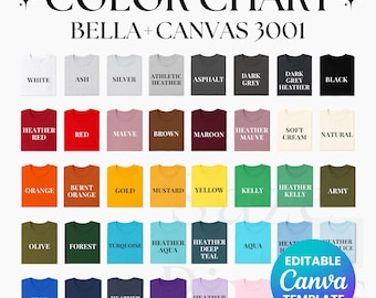 Editable Bella Canvas 3001 Color Chart, BC 3001 Color Chart, Bella Canvas Size Chart, 3001 Color Chart Editable, Color Chart Mockup