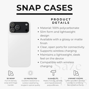Peut inclure: Coque de téléphone blanche avec un module caméra noir, présentée sur fond blanc. Le texte "SNAP CASES" est en haut. Les détails du produit incluent le matériau, la conception, la finition et les caractéristiques. La coque est en polycarbonate et prend en charge la recharge sans fil.
