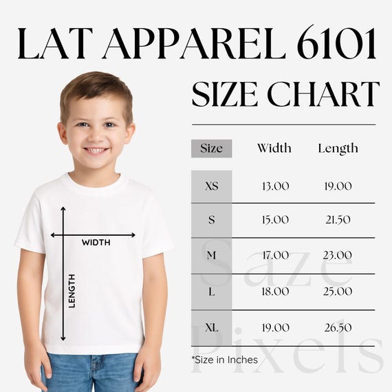 LAT Apparel 6101 Size Chart, LAT 6101 Size Chart, LAT Youth T