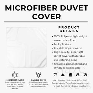 May include: White microfiber duvet cover. The image shows a close-up of the duvet cover, with the text "MICROFIBER DUVET COVER" at the top. Product details include 100% polyester, multiple sizes, and an invisible zipper closure.