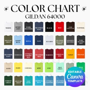 Op de afbeelding: Kleurenkaart van Gildan 64000 t-shirts in diverse kleuren, waaronder wit, zwart, rood en marineblauw. De kaart toont een reeks tinten, van lichtblauw tot donkergrijs, met de tekst "COLOR CHART" en "EDITABLE Canva TEMPLATE".