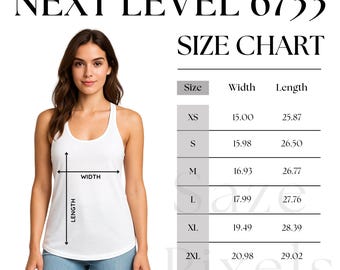 Tabella taglie Next Level 6733 – Canotta da donna con schiena incrociata in tri-blend – Download digitale – Guida alle taglie Next Level – Tabella misure canotta