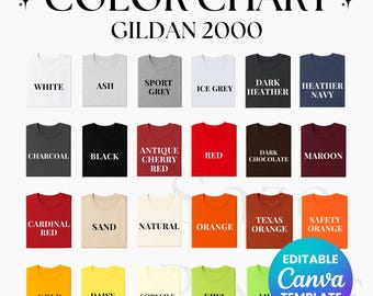 Editable Gildan 2000 Color Chart, Gildan 2000 Editable Canva Color Chart, G2000 Color Chart Canva Template, Printable Shirt Color Swatches