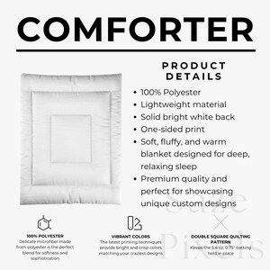 May include: White comforter with a square quilted pattern. The product details include 100% polyester, lightweight material, and a solid bright white back. The comforter is designed for deep, relaxing sleep. The text "COMFORTER" is at the top.