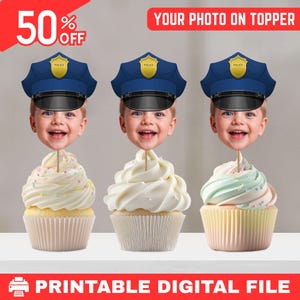 Police Cupcake Topper, Custom Face Cupcake Toppers, Personalized Baby Face Cupcake Toppers, Photo Birthday Topper, Photo Cupcake Topper