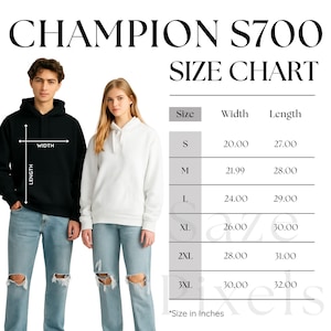 Champion S700 Size Chart – Unisex Pullover Hoodie – JPEG Digital