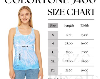 Colortone 3400 Size Chart – Women's Tie Dye Racerback Tank Top – Printable Colortone Sizing Guide – Tank Top Measurement Chart