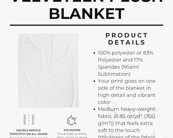 Productblad pluche deken fluweel, zachte pluche deken maattabel, infokaart fluwelen fleece, Printify pluche deken maattabel