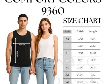 Comfort Colors 9360 Maattabel – Uniseks, kledingstukgeverfde tanktop – Afdrukbare Comfort Colors Maatgids – Tankmetingentabel