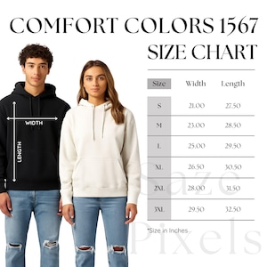 Comfort Colors 1567 Size Chart – Unisex Garment-Dyed Hoodie – Printable Comfort Colors Sizing Guide – Hoodie Measurement Chart