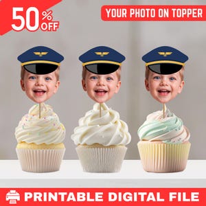 Pilot Cupcake Topper, Custom Face Cupcake Toppers, Personalized Baby Face Cupcake Toppers, Photo Birthday Topper, Photo Cupcake Topper