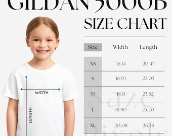 Gildan 5000B Size Chart, Gildan 5000B Youth Size Chart, Unisex Gildan G5000B Size Chart, Youth T-Shirt Mockup, Baby Gildan 5000B Mock-up