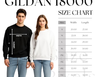 Gildan 18000 maattabel – uniseks zware mix sweater met ronde hals – JPEG digitale download – afdrukbare Gildan-maattabel – meettabel