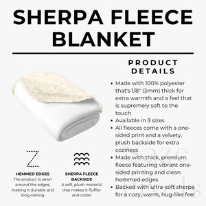 May include: White sherpa fleece blanket with a cream-colored, plush backside. The blanket is made of 100% polyester and is 1/8 inch (3mm) thick. The image includes the text "SHERPA FLEECE BLANKET" and product details.