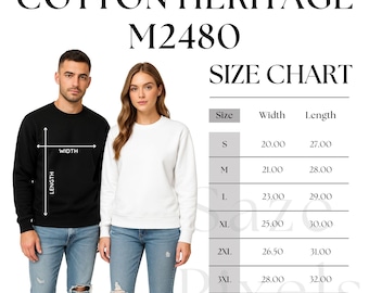 Maattabel Cotton Heritage M2480 – Uniseks sweatshirt met ronde hals – Afdrukbare Cotton Heritage-maattabel – Meettabel fleece
