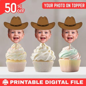 Rodeo Cowboy Cupcake Topper, Custom Face Cupcake Toppers, Personalized Baby Face Cupcake Toppers, Photo Birthday Topper, Face Cupcake Topper