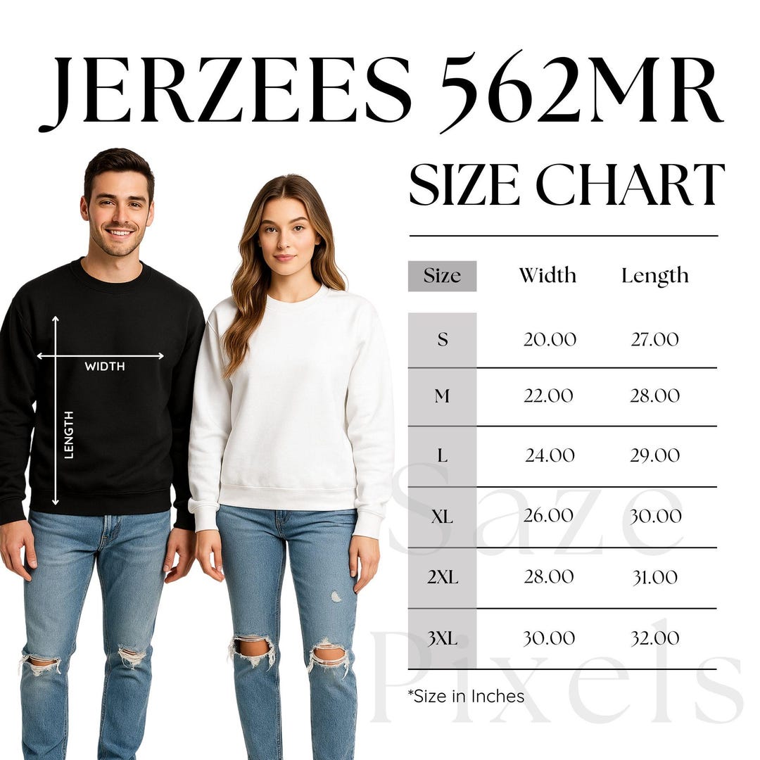 JERZEES 562MR Size Chart – Unisex Nublend Crewneck Sweatshirt
