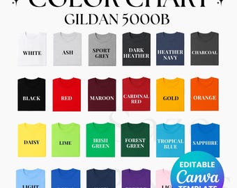 Nuancier modifiable Gildan 5000B, nuancier modifiable Gildan 5000B canva, nuancier G5000B canva nuancier, nuancier de chemise imprimable