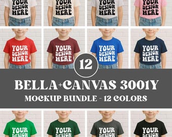 Bella Canvas 3001Y Set di mockup per camicia da ragazzo, 3001Y Set di mockup per camicia, Mockup per camicia per bambini, BC 3001Y Set di mockup per camicia da uomo, bambini e ragazzi