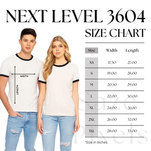 May include: A white ringer t-shirt with black trim is modeled by a man and a woman. The image includes a size chart with measurements in inches for XS to 3XL sizes. The text "NEXT LEVEL 3604" and "SIZE CHART" are displayed.